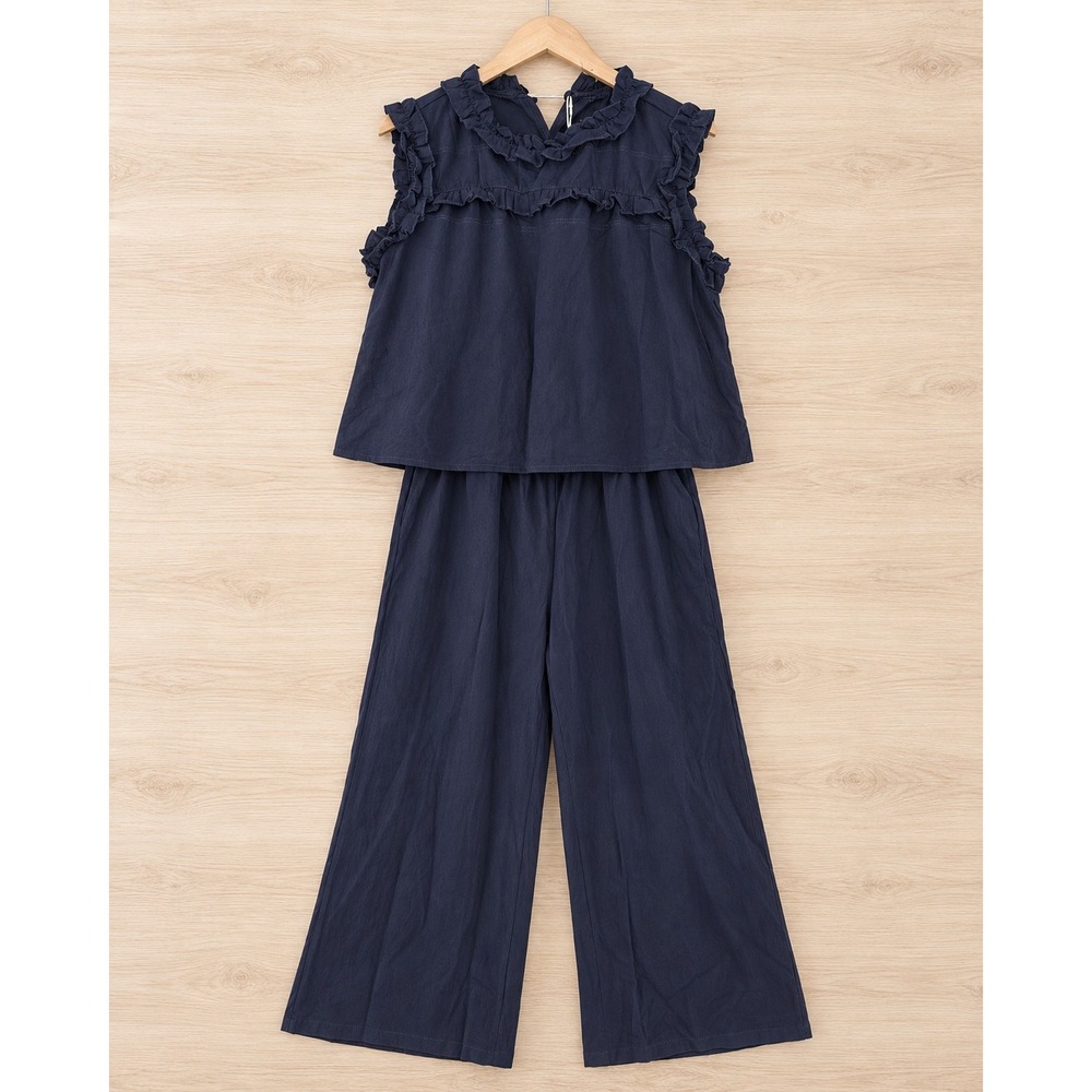 Womens Navy Blue 2 Piece Set Ruffle Top Wide Leg Pants Large NWT